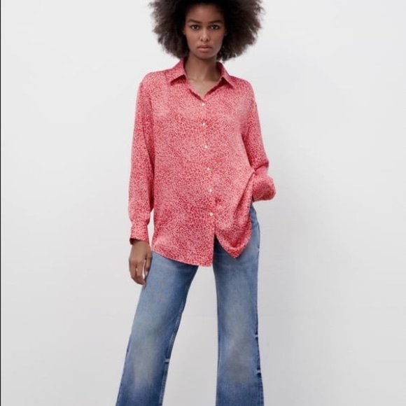 Zara Animal Print Button Down Collar Shirt Pink Red - Picture 2 of 12